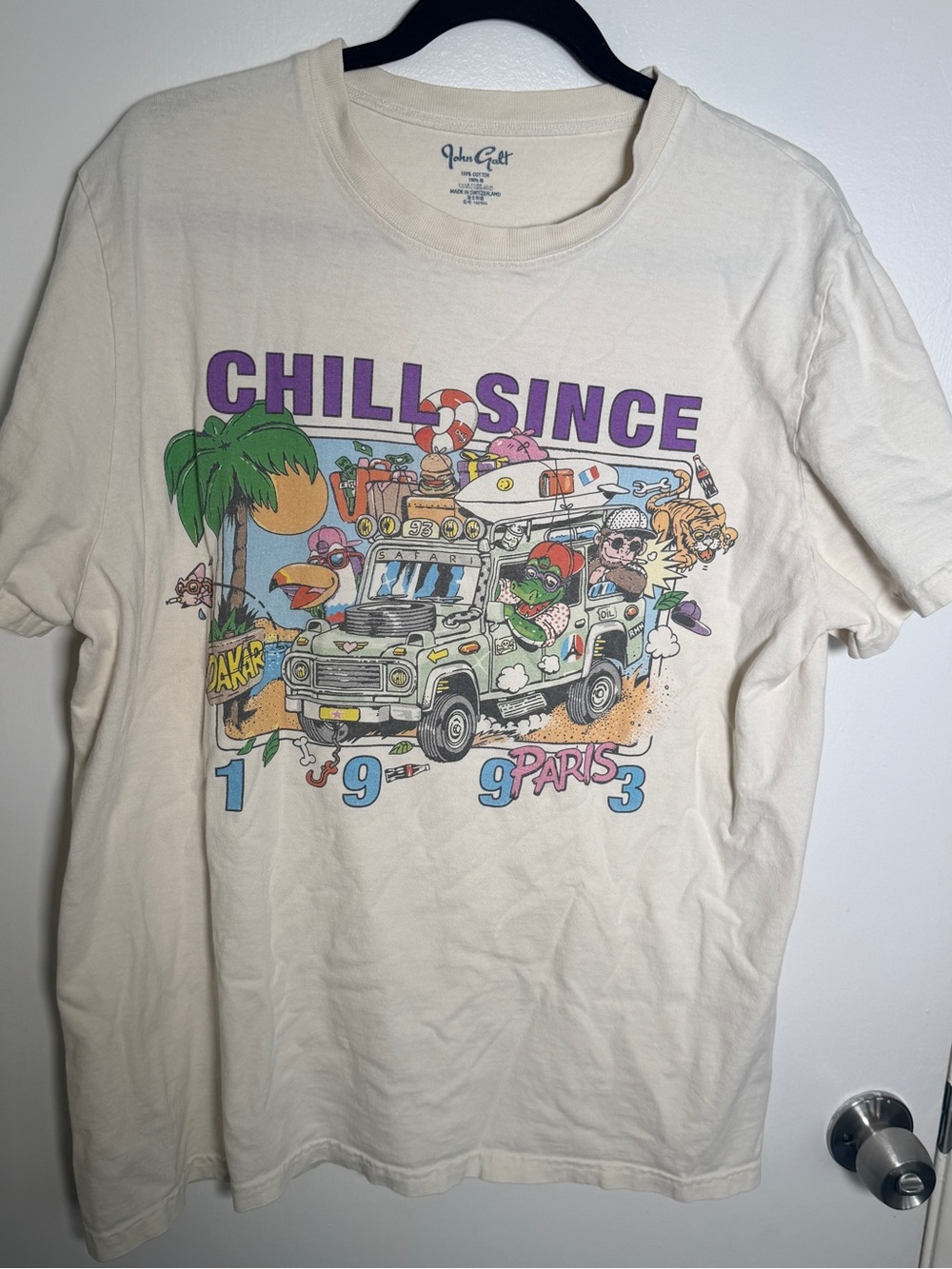 John Galt x Brandy Melville "CHILL SINCE" Graphic Tee Cream with Purple & Green